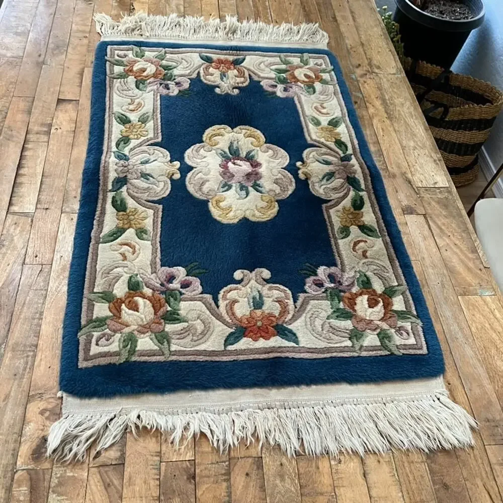 Blue Chinese Hand Knotted Aubusson Wool Rug 39